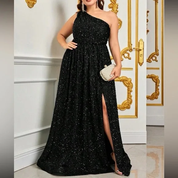 Luxe plus size one shoulder slit thigh party formal prom wedding gown dress - Picture 2 of 8